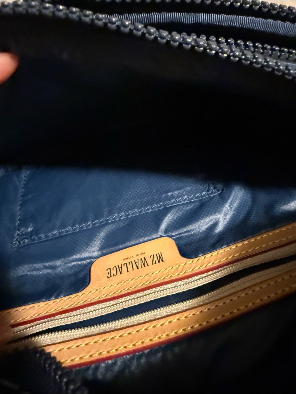MZ Wallace Quilted Navy Blue Belt Bag with Tan Accents - Picture 4 of 6